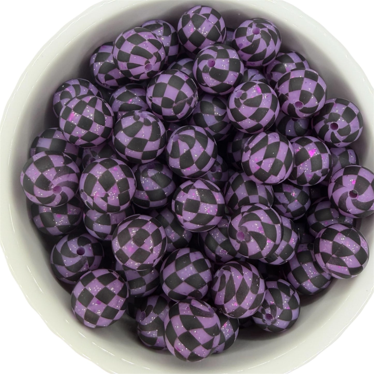 Purple Glitter Checkered- Print Silicone Bead 15mm