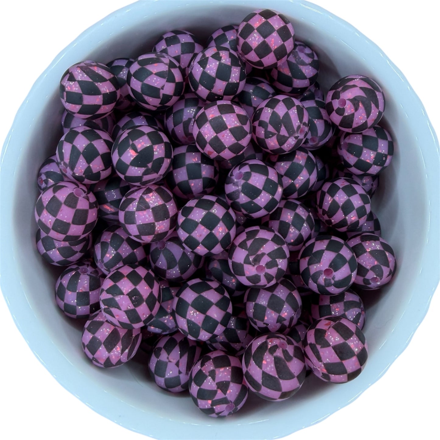 Pink Glitter Checkered- Print Silicone Bead 15mm