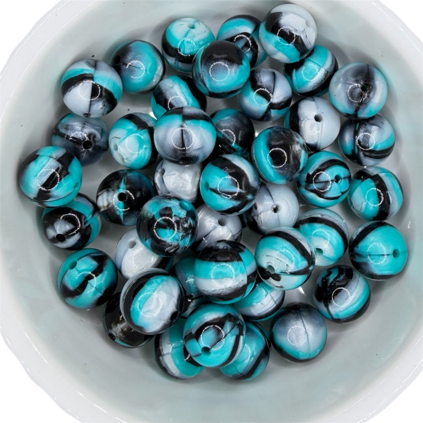 Black & Turquoise Swirl- Liquid Silicone Bead 15mm
