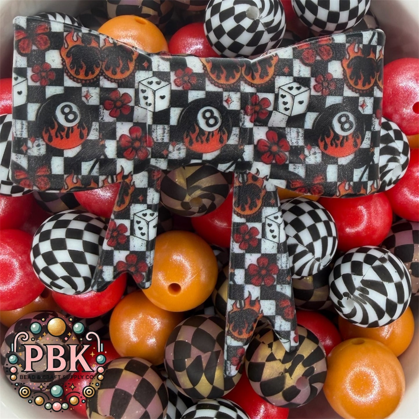 Checkered Dice & 8ball Straw Topper Bow- EXCLUSIVE TO PBK