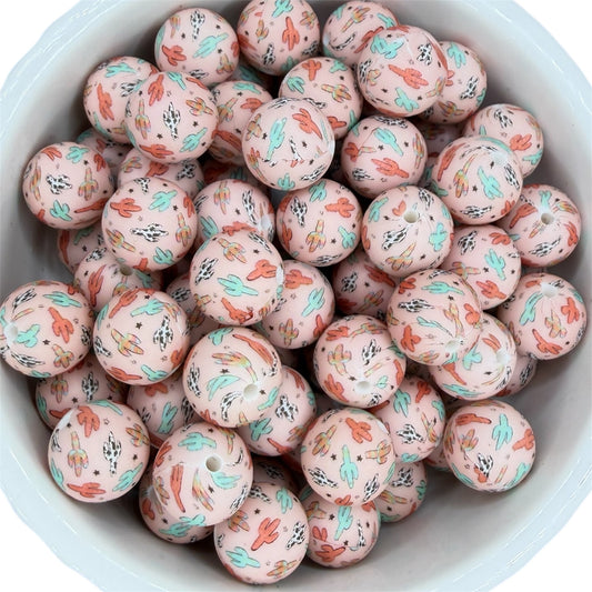 Western Cactus Print -  Silicone Bead 15mm