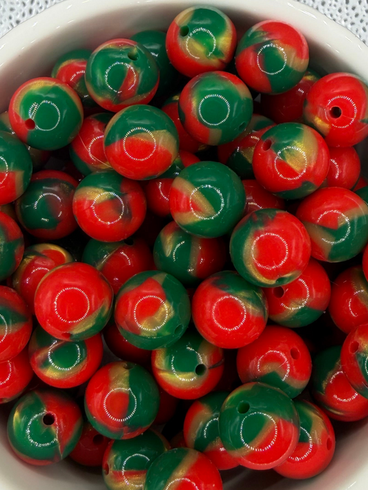 Red, Green, and Gold Swirl Liquid- Silicone Bead 15mm