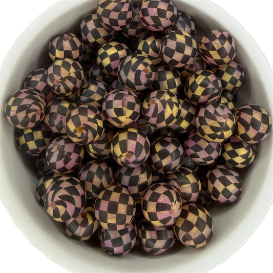 Fire Glitter Checkered- Print Silicone Bead 15mm