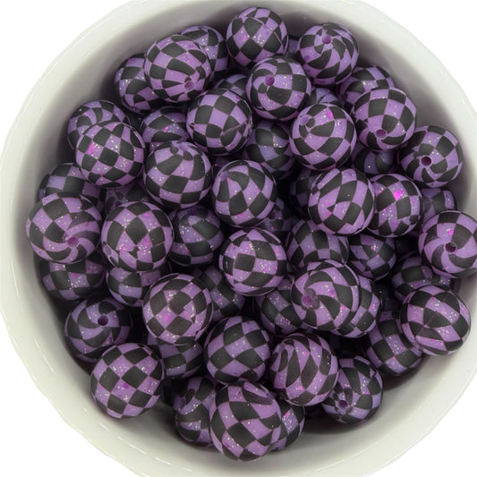 Purple Glitter Checkered- Print Silicone Bead 15mm