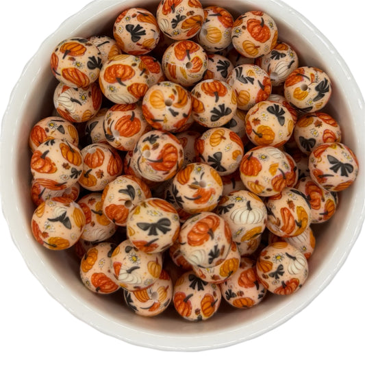 Pumpkins & Bows Print-  Silicone Bead 15mm