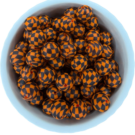 Orange Checkered- Print Silicone Bead 15mm