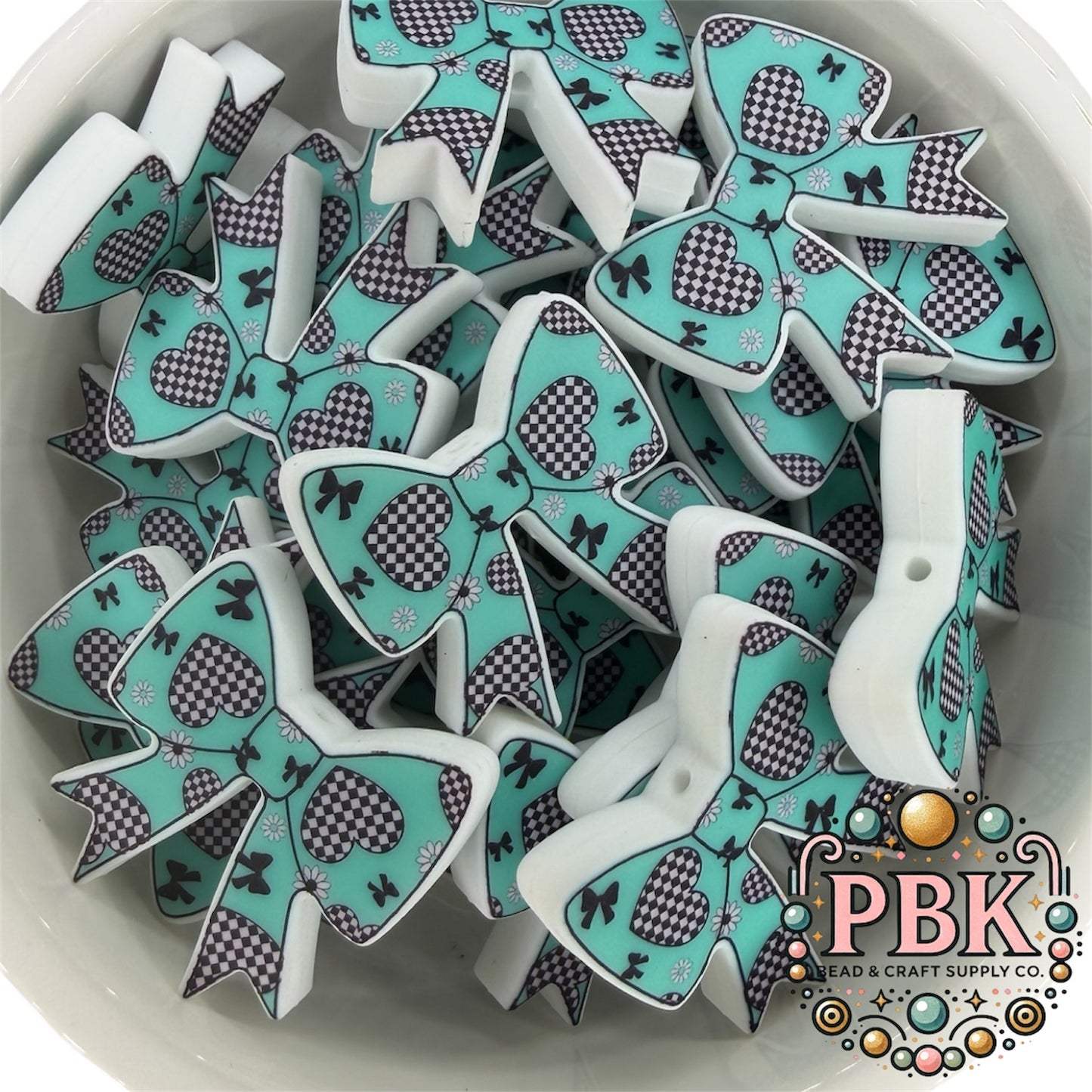 Turquoise Checkered Bow - EXCLUSIVE TO PBK- Silicone Focal Bead