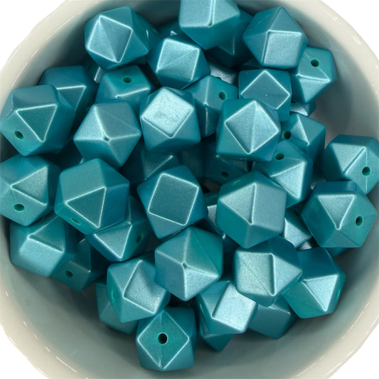 Icy Teal Shimmer-  Hexagon Silicone Bead 15mm