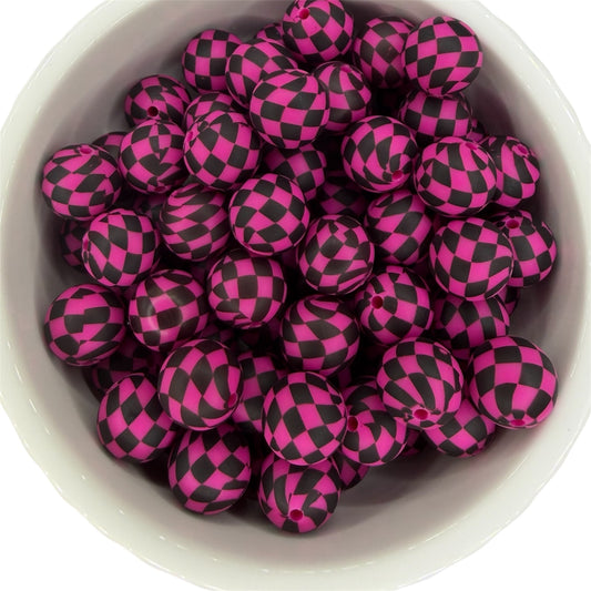 Hot Pink Checkered- Print Silicone Bead 15mm