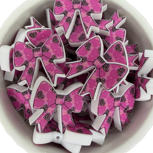 Leopard Hearts Bow- Silicone Focal Bead