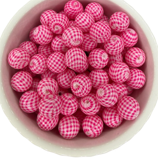 Pink Plaid Print-  Silicone Bead 15mm