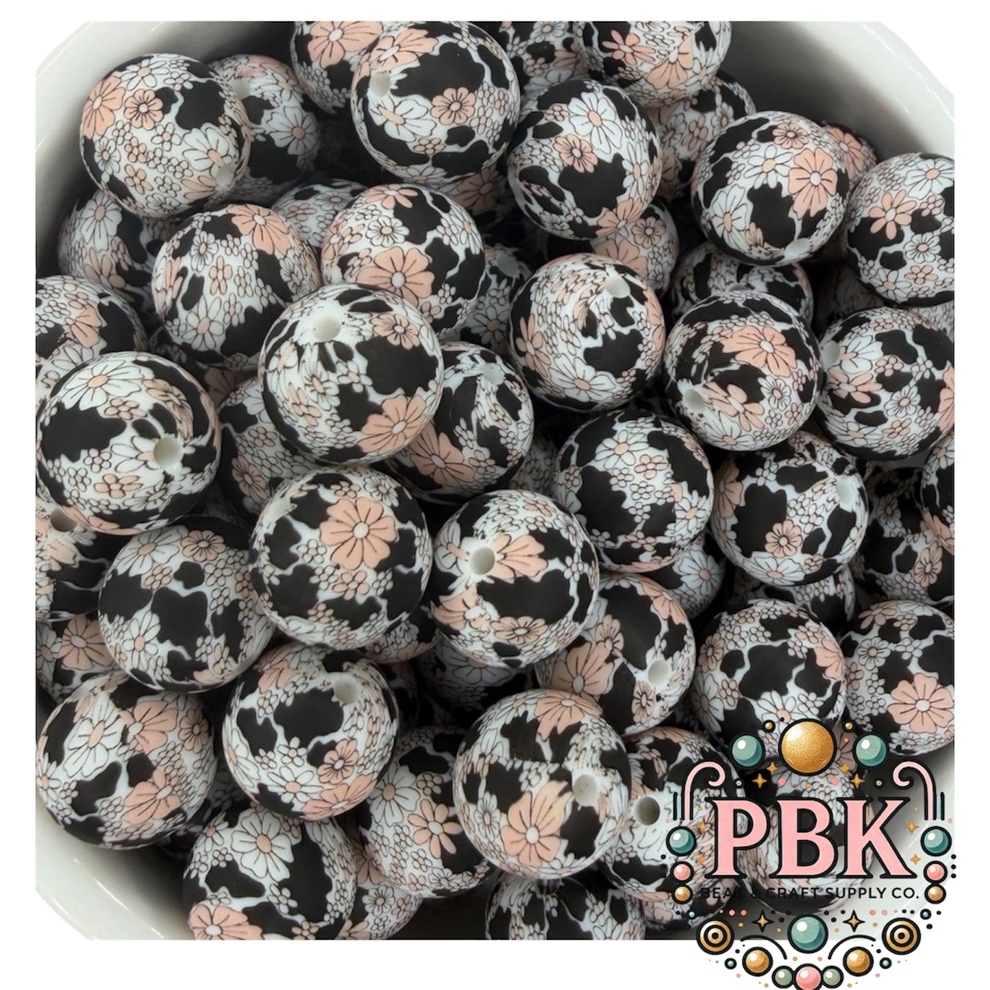 Cow Print & Daises 15mm- EXCLUSIVE TO PBK- Silicone Focal Bead