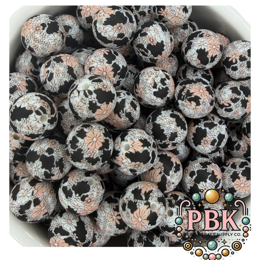Cow Print & Daises 15mm- EXCLUSIVE TO PBK- Silicone Focal Bead