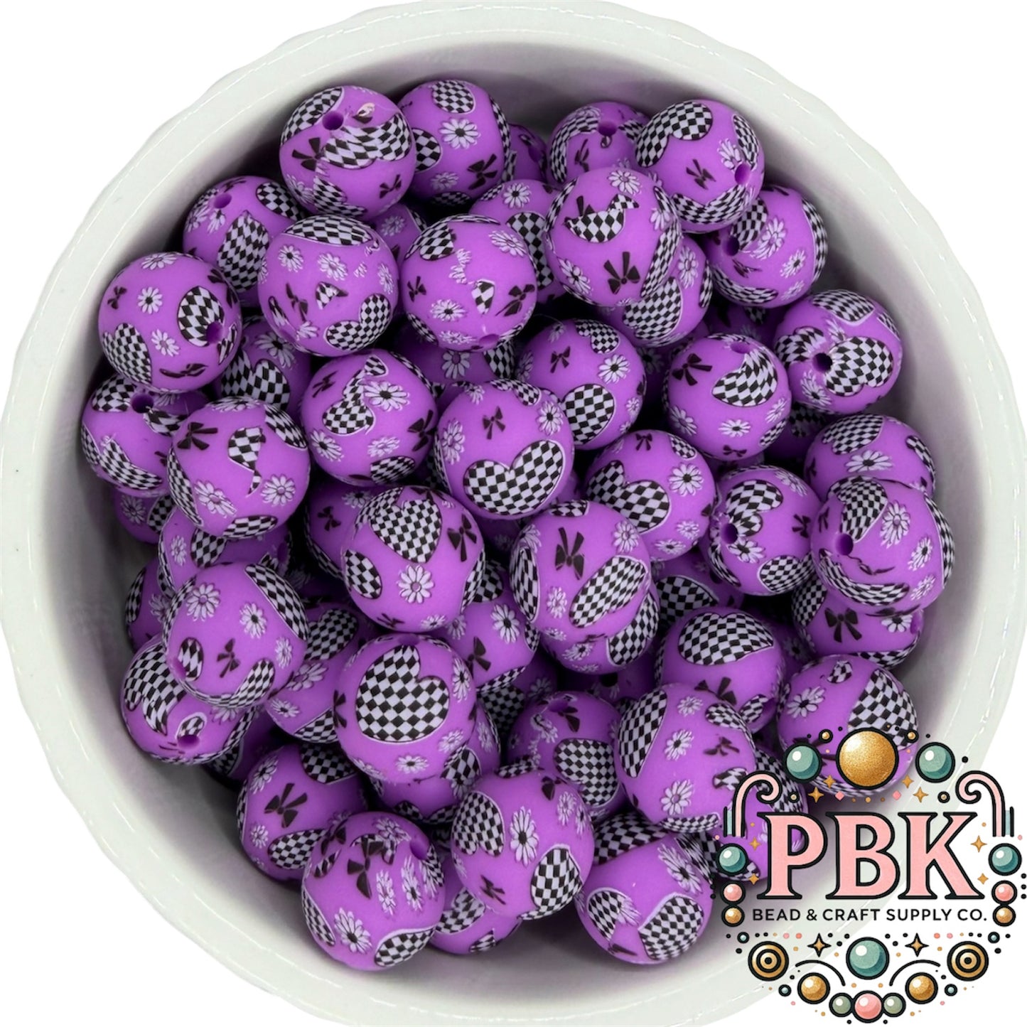 Purple Checkered Bow Print 15mm- EXCLUSIVE TO PBK- Silicone Focal Bead
