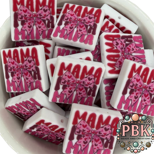 Mama Mama Mama with Hearts & Bow- EXCLUSIVE TO PBK- Silicone Focal Bead