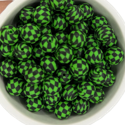 Neon Green Checkered- Print Silicone Bead 15mm