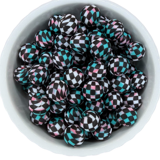 Retro Checkered- Print Silicone Bead 15mm