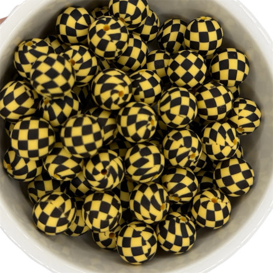 Yellow Checkered- Print Silicone Bead 15mm