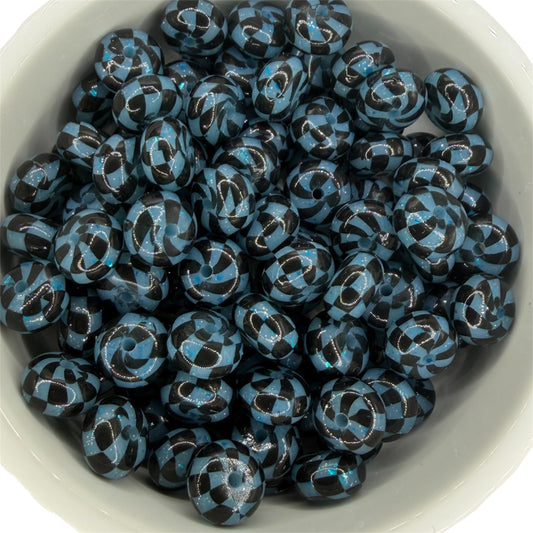 Blue Glitter Checkered Liquid- Silicone Bead Abacus 14mm