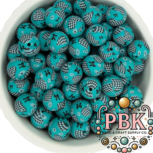 Turquoise Checkered Bow Print 15mm- EXCLUSIVE TO PBK- Silicone Focal Bead