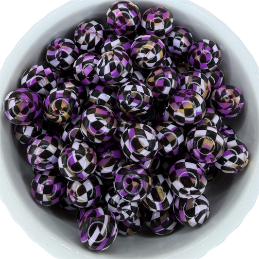 Purple & Gold Swirl Liquid Checkered- Silicone Bead 15mm