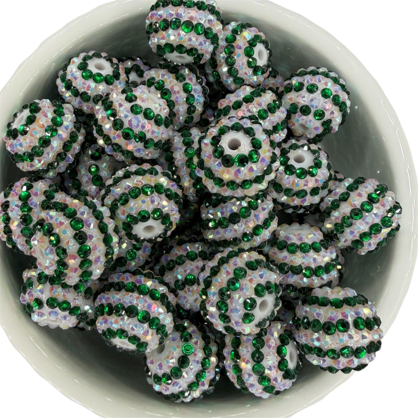 White & Green Stripes- Rhinestone Acrylic 20mm "