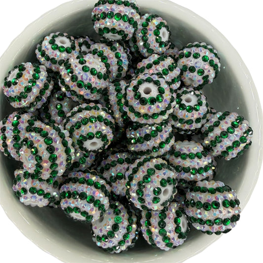White & Green Stripes- Rhinestone Acrylic 20mm "