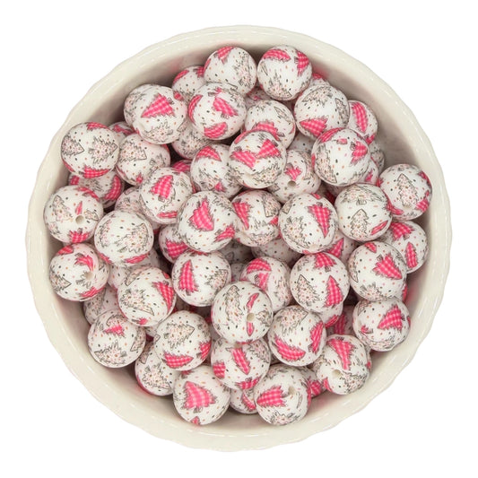 Pink Christmas Print-  Silicone Bead 15mm